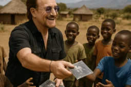 Bono Donates U2 Compact Disks to Children in Africa